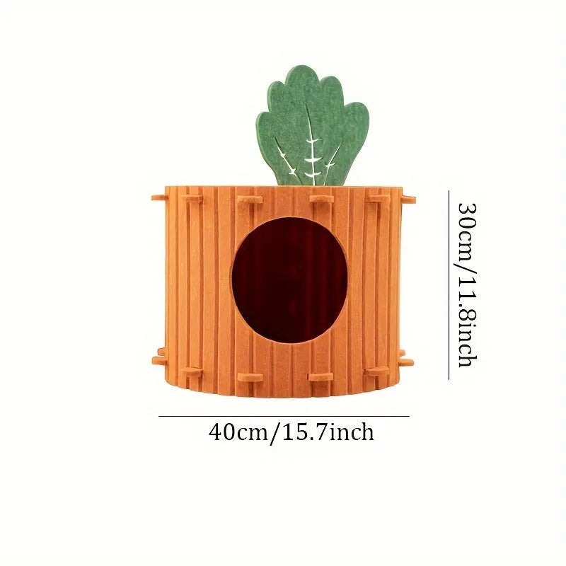 Orange carrot-shaped cat tunnel bed made of felt, showing its semi-enclosed design and entrance.
