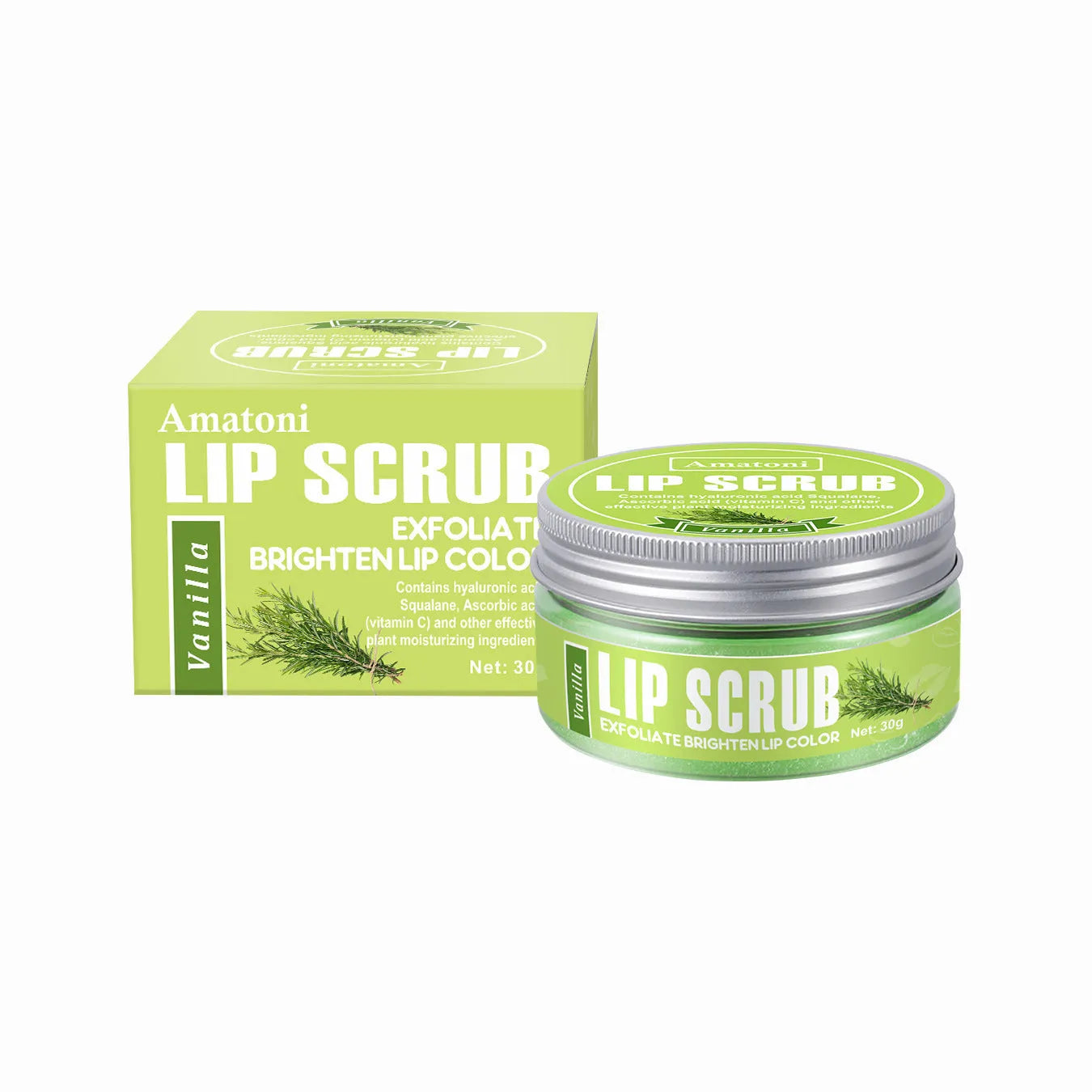 Amatoni fruit flavour lip scrub cream pot in 30g size with coconut, raspberry, vanilla, or watermelon options