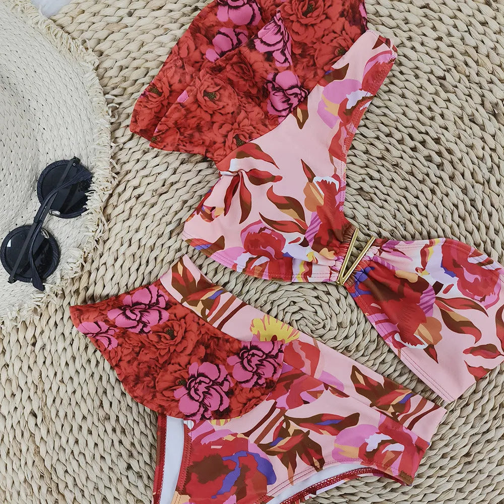 Pink and red floral print one-shoulder ruffled swimsuit top with matching high-waist bikini briefs