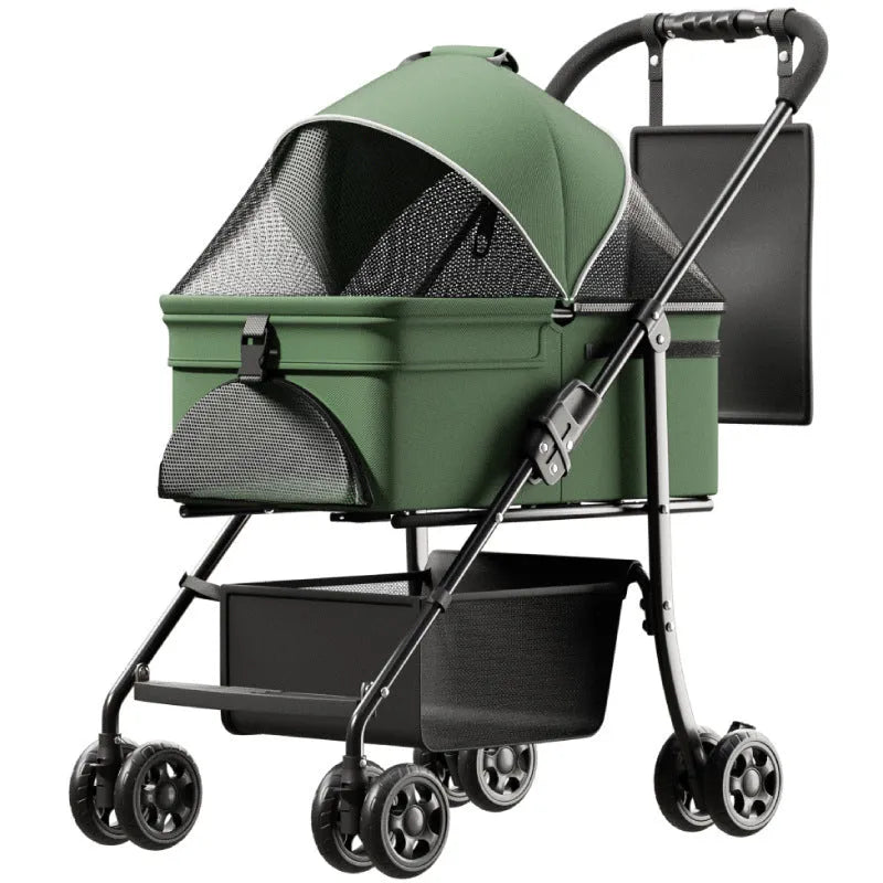 Black metal pet cart with folding frame and large transport capacity