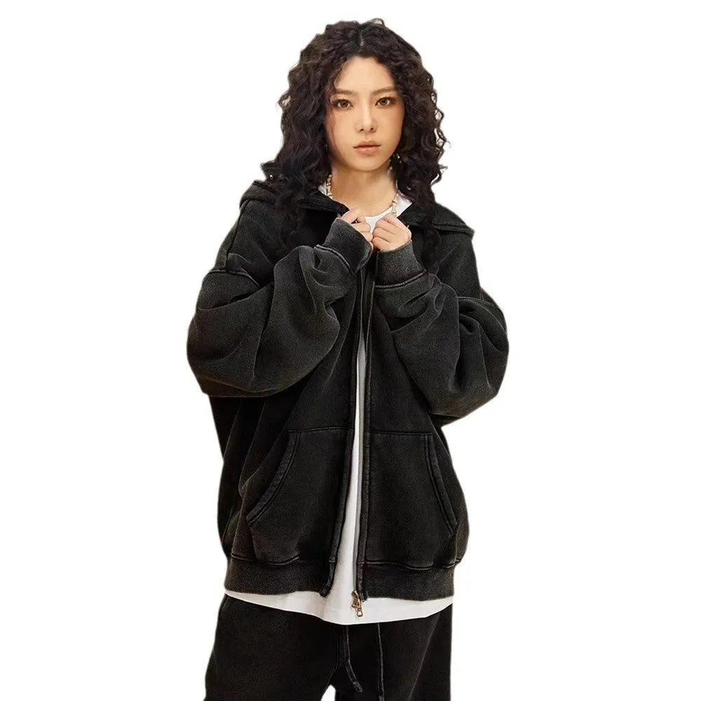 Men's vintage wash cotton hooded cardigan with fleece lining and a double front zipper.