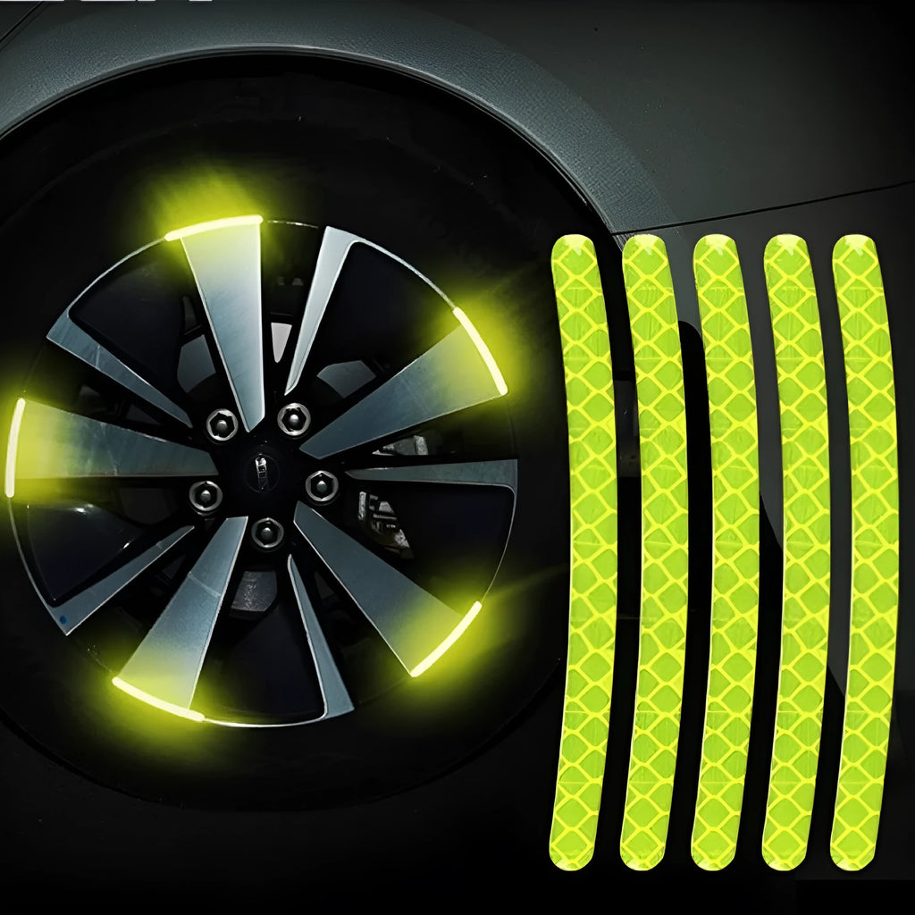 Pack of 20 multi-colour PVC reflective adhesive strips for car wheel hubs.
