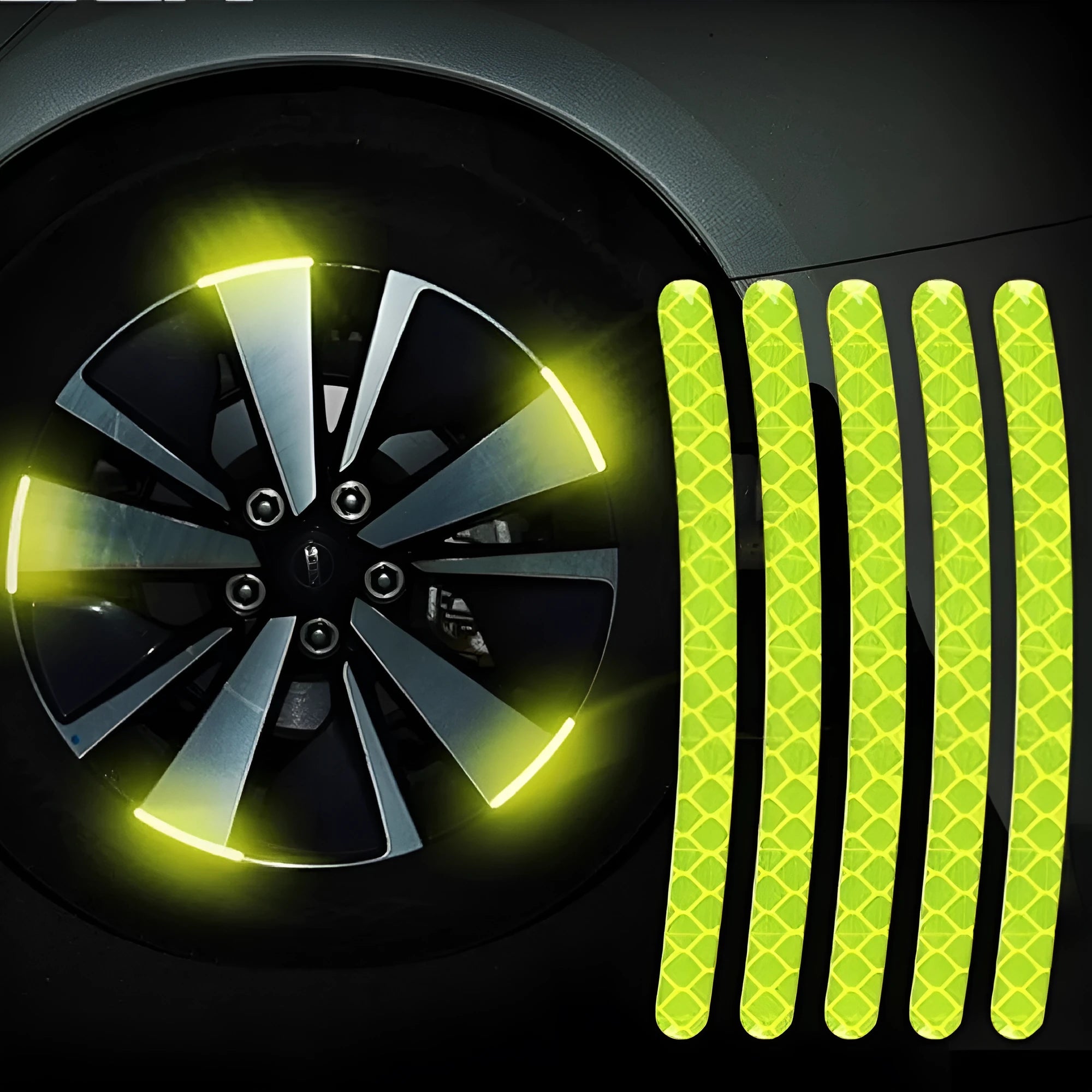 Pack of 20 multi-colour PVC reflective adhesive strips for car wheel hubs.