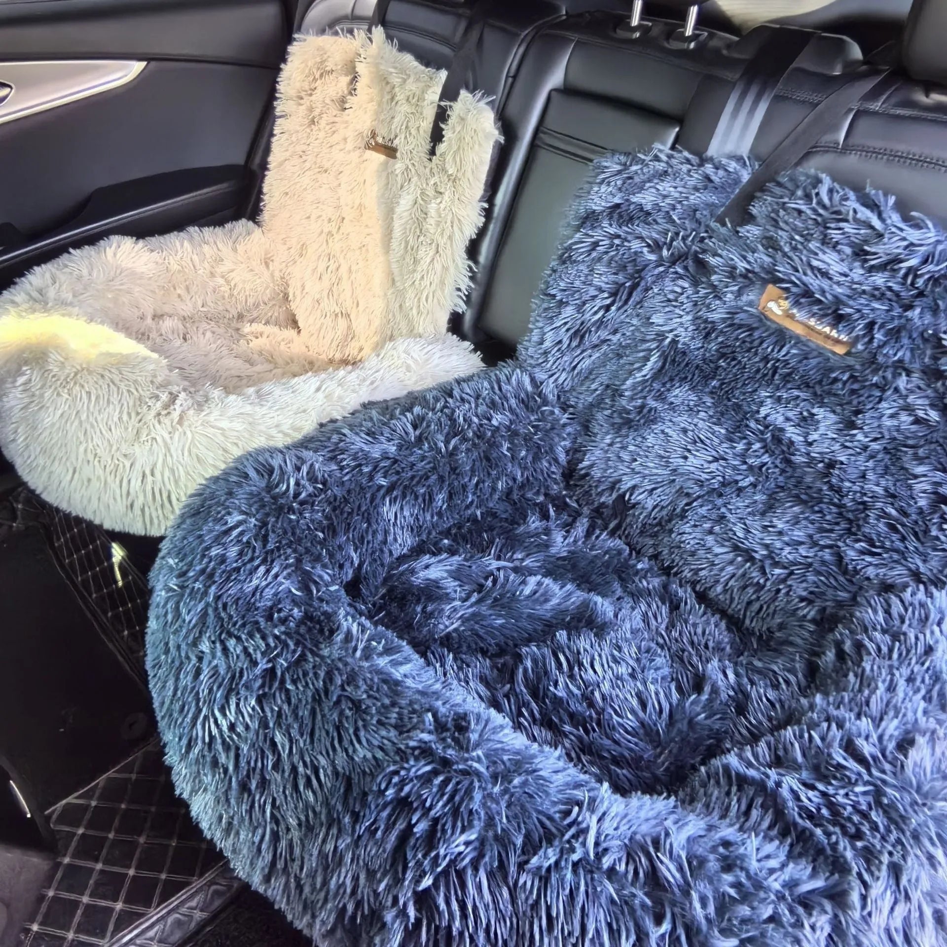 Beige and dark grey thick cloth pet mats for car seats, shown in two different sizes.
