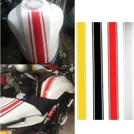 Motorcycle gas tank lid reflective pinstripe sticker measuring 50 by 4.5 cm in black, red, silver, or yellow