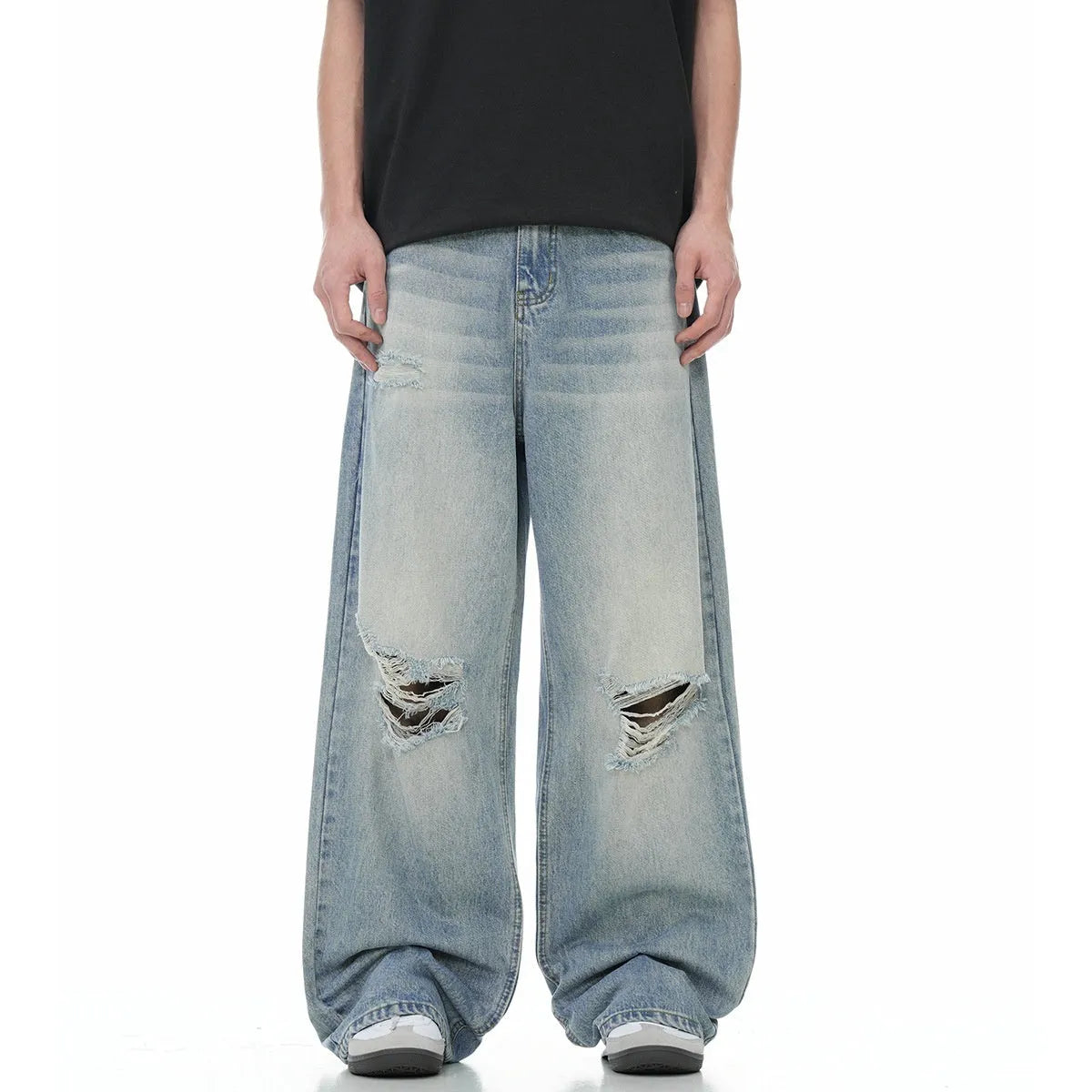 Men's blue straight-leg ripped jeans with zipper fly and retro styling in cotton blend fabric