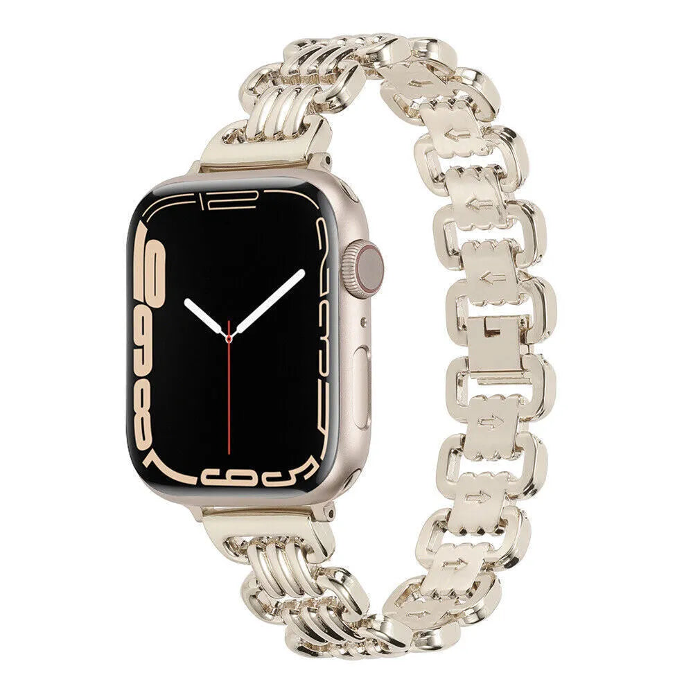 Alloy metal Apple Watch replacement band in silver, black, gold, rose gold, and starlight colours.