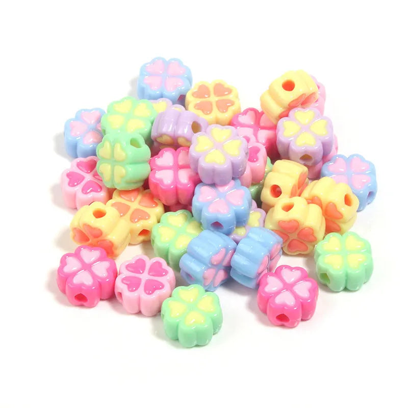 15mm acrylic craft beads with four-leaf clover shape and frosted finish in multiple colours