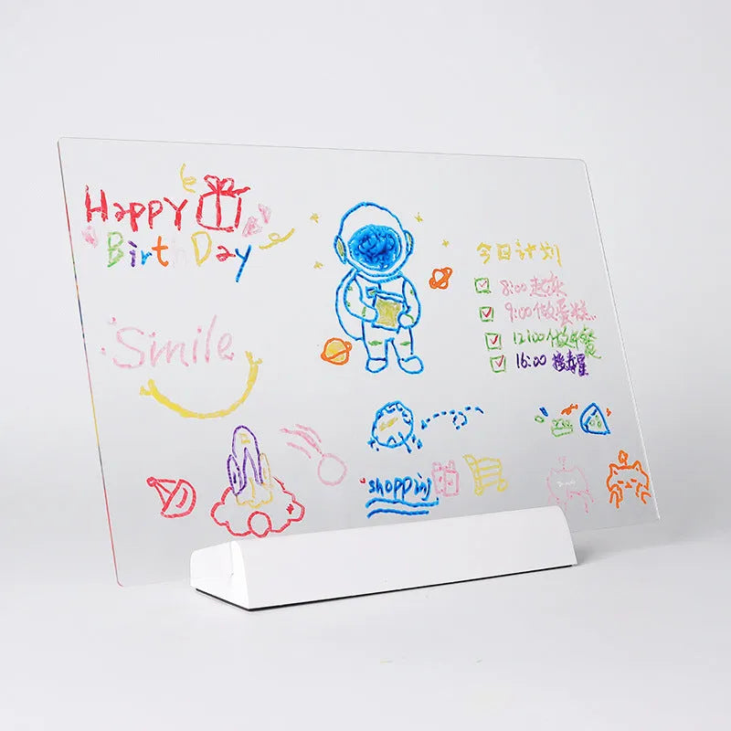 ABS acrylic RGB luminous message board with stand, crayons, and cleaning cloth on desk