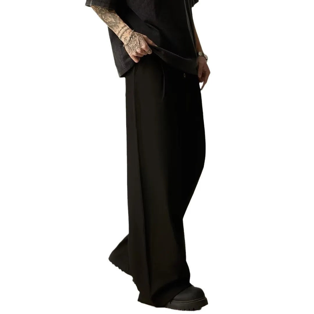 Men's black wide-leg casual trousers with vertical tube design and straight-leg styling