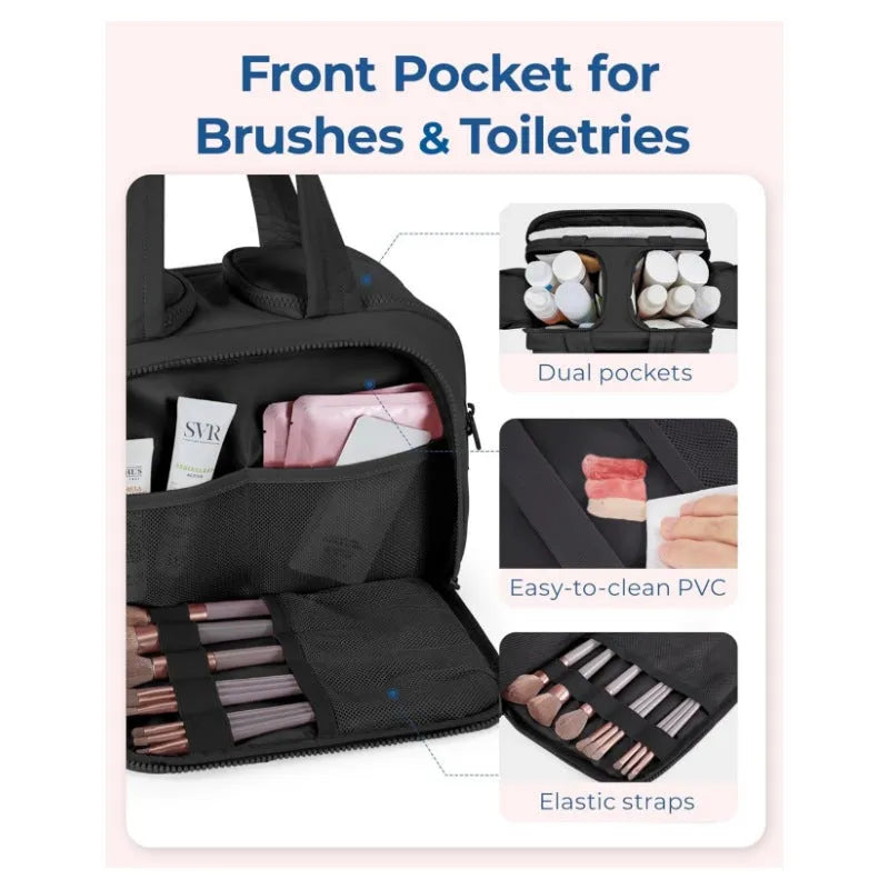 Large lightweight travel toiletry bag in black with wide opening, showing fluffy polyester material.
