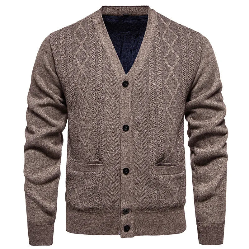 Men's striped cardigan sweater with wool lining in brown colour showing long sleeves and front opening