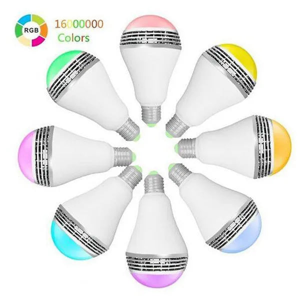 Smart LED E27 bulb with Bluetooth speaker inside, showing RGB colour changing light