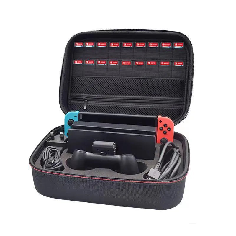 Black EVA game console accessory storage bag showing dimensions and 5kg load capacity for controllers and cables