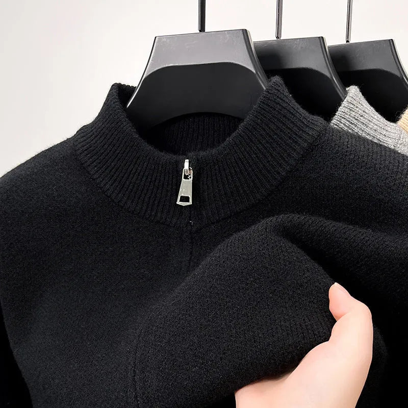 Men's black stand collar knitted cardigan with front zip closure in loose fit