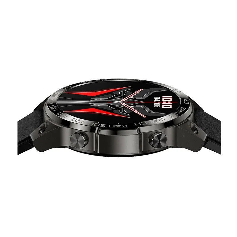 Black smartwatch with round AMOLED screen and silicone strap, displaying fitness metrics.
