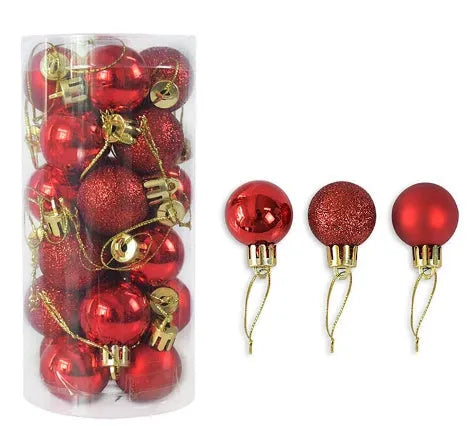 Assorted 3cm diameter electroplated plastic Christmas balls stored in a tall plastic barrel