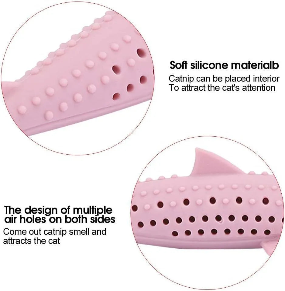 Silicone fish-shaped cat chew toy with breathable holes in green, pink, or purple colours