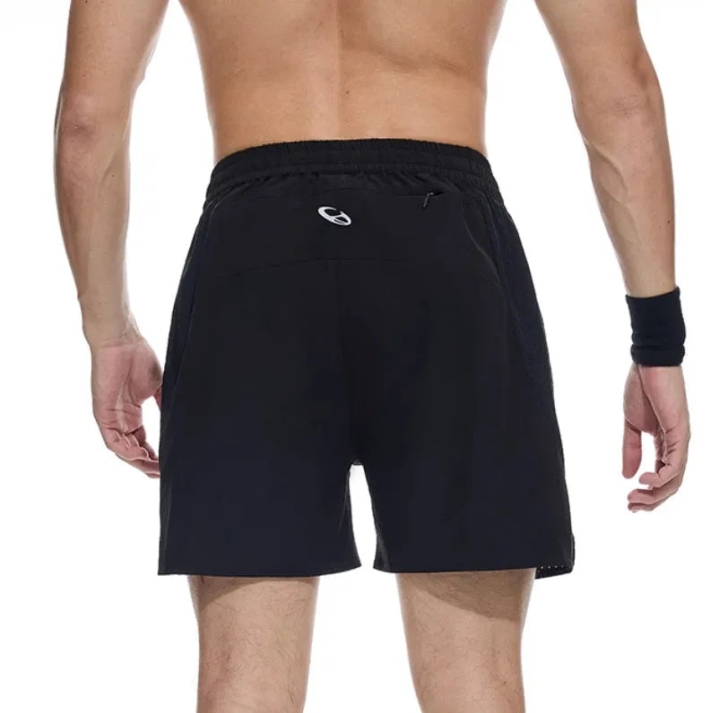 Men's black four-point stretch running shorts with laser punch stitching detail