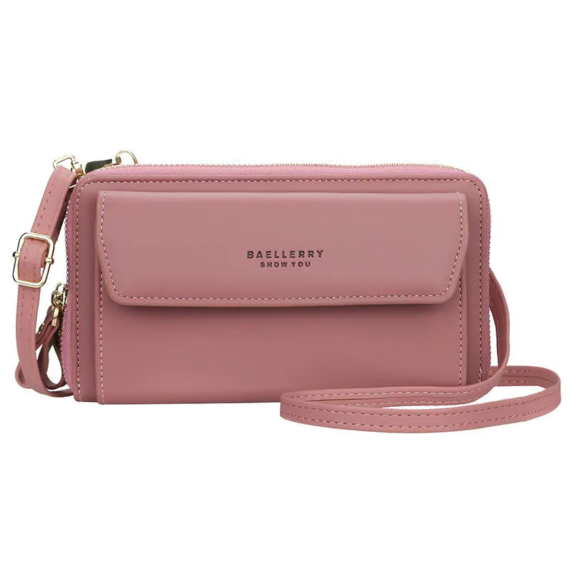 Ladies soft PU leather diagonal messenger wallet bag with double zipper in horizontal square shape