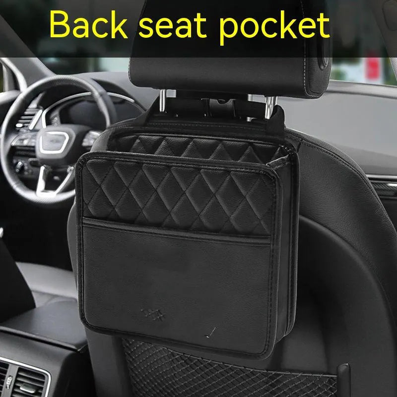 Leather hanging storage bag for car interiors in black colour with 25cm dimensions