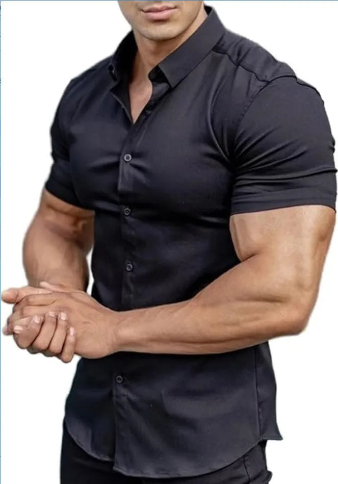 Men's brown short sleeve casual cardigan shirt with a collar.