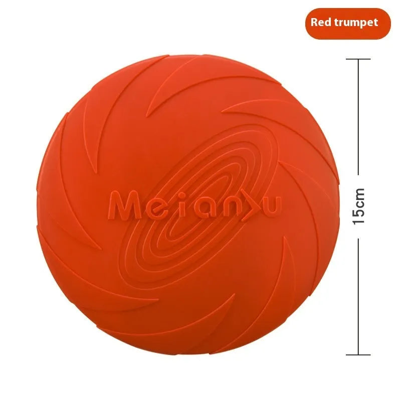 Soft rubber dog frisbee in red, blue, or green colours in small, medium, or large sizes