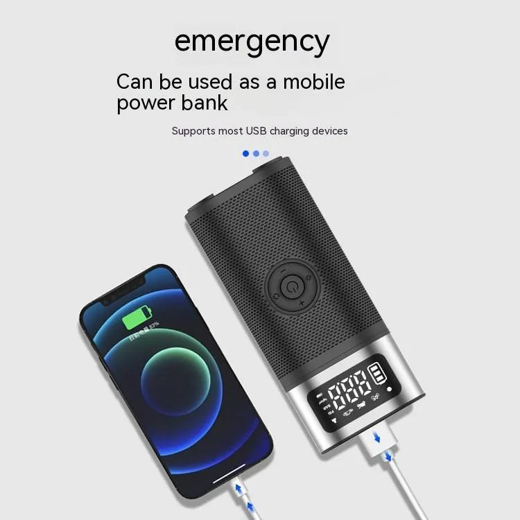 Black portable wireless air pump with 15cm tube, USB charging cable, and multiple nozzles for different inflation needs