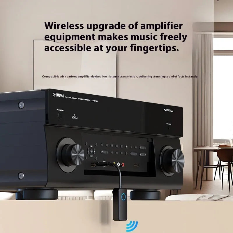 Black Bluetooth 5.4 audio adapter with flexible 3.5mm plug for wireless streaming to car stereos and headphones.