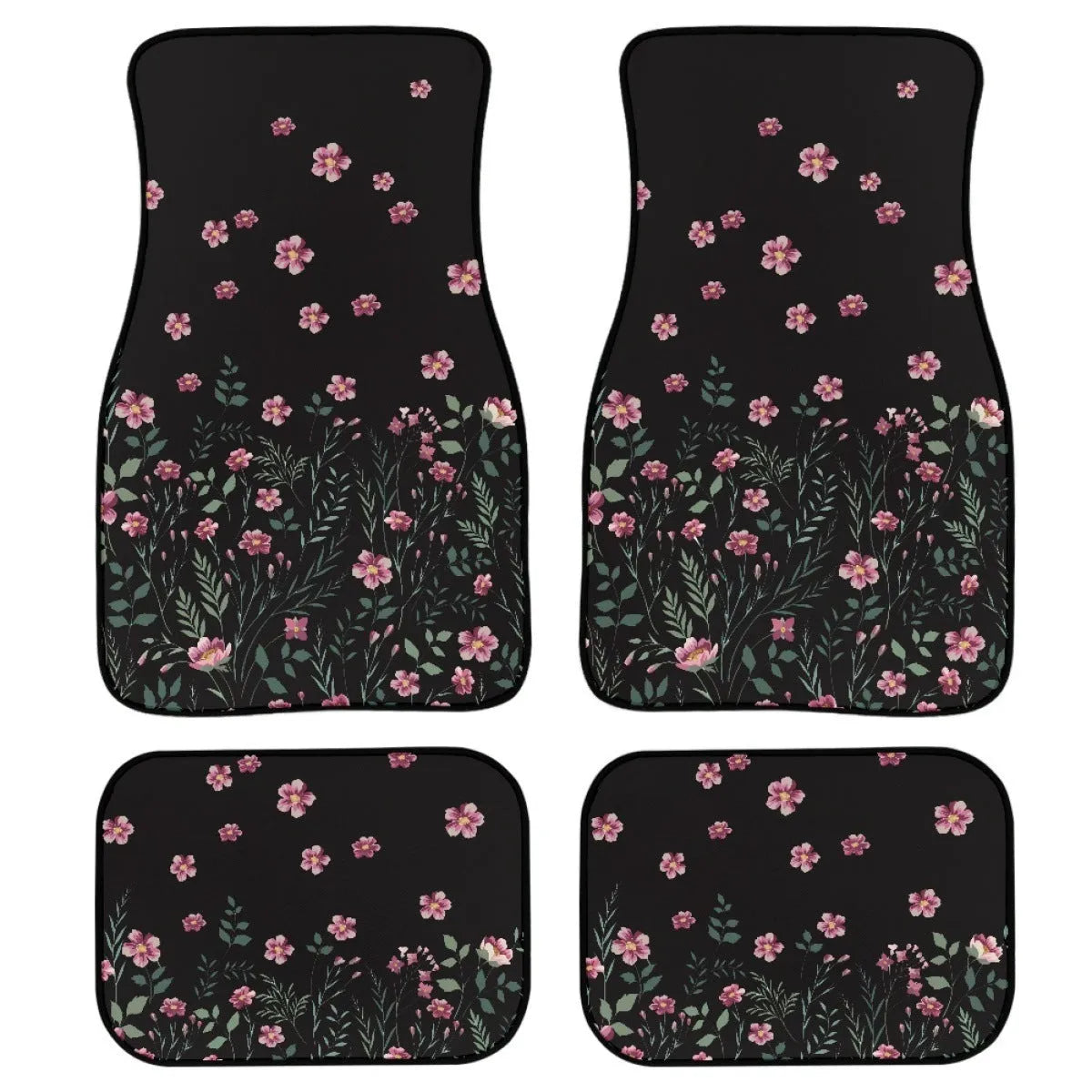 Black rubber car floor mats four-piece set showing textured surface and 20mm thickness.