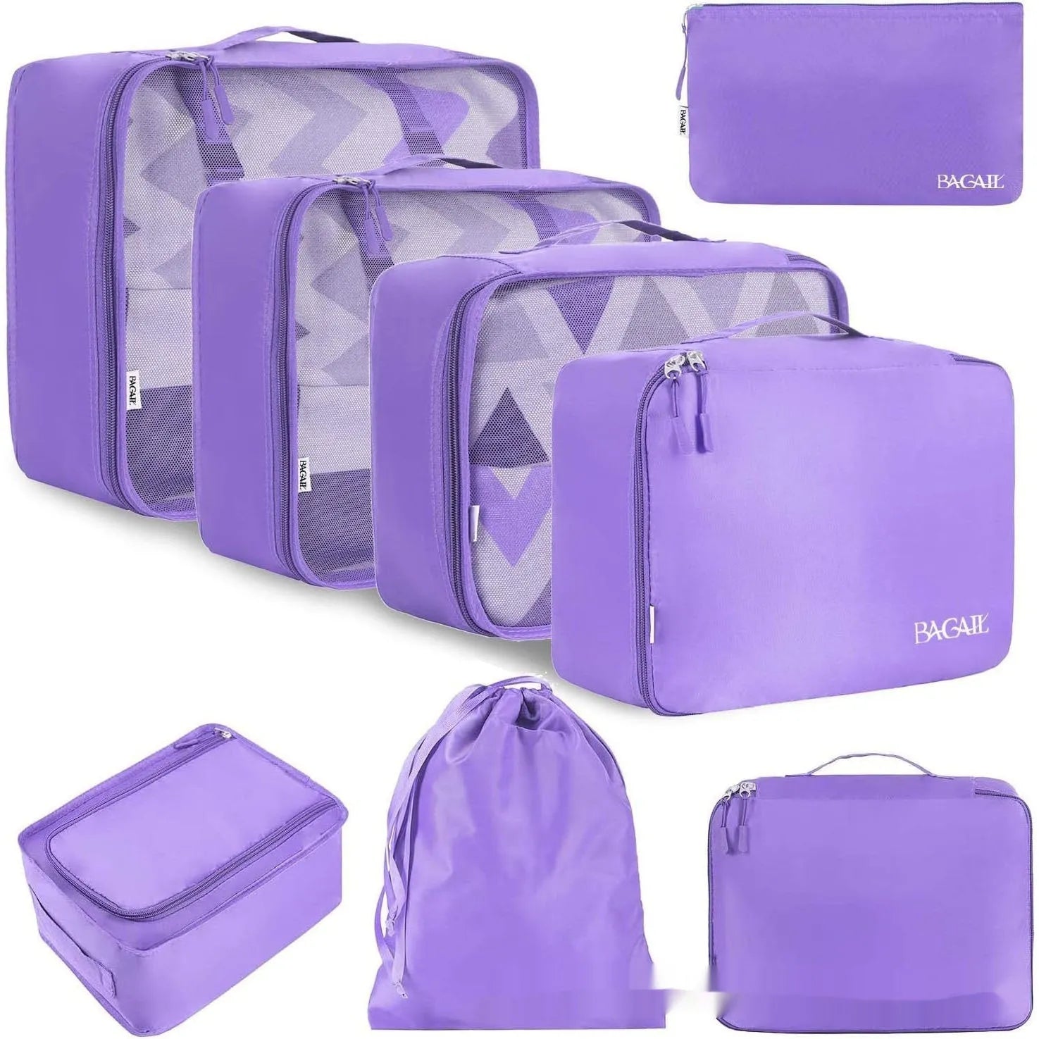 Set of eight cubic travel packing bags for underwear organisation in various colours including solid shades and patterns