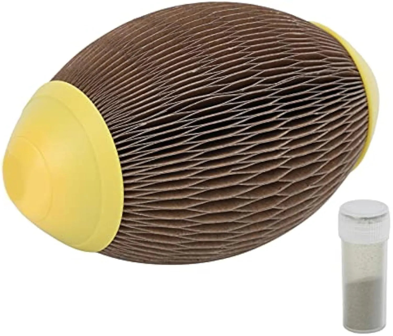 Elliptical corrugated paper cat toy ball with scratch surface for catnip insertion.
