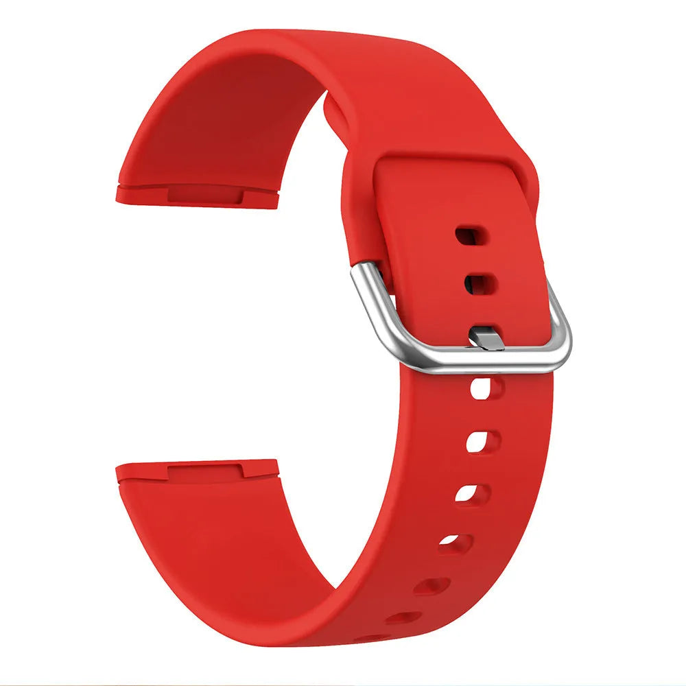 Silicone replacement strap with silver buckle for Fitbit Versa 3 and Sense 2 in a selection of solid colours.