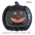 Black pumpkin-shaped disposable paper plates in 9-inch size for Halloween parties