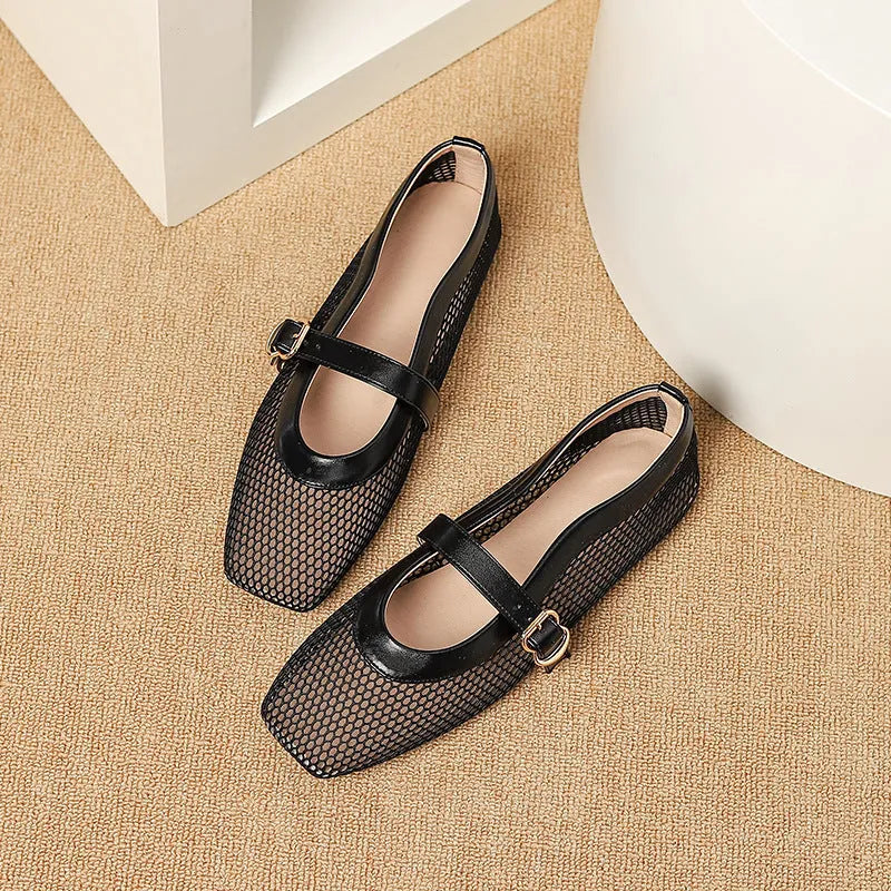 Women's black mesh summer shoes with square toe, low heel, and buckle fastening