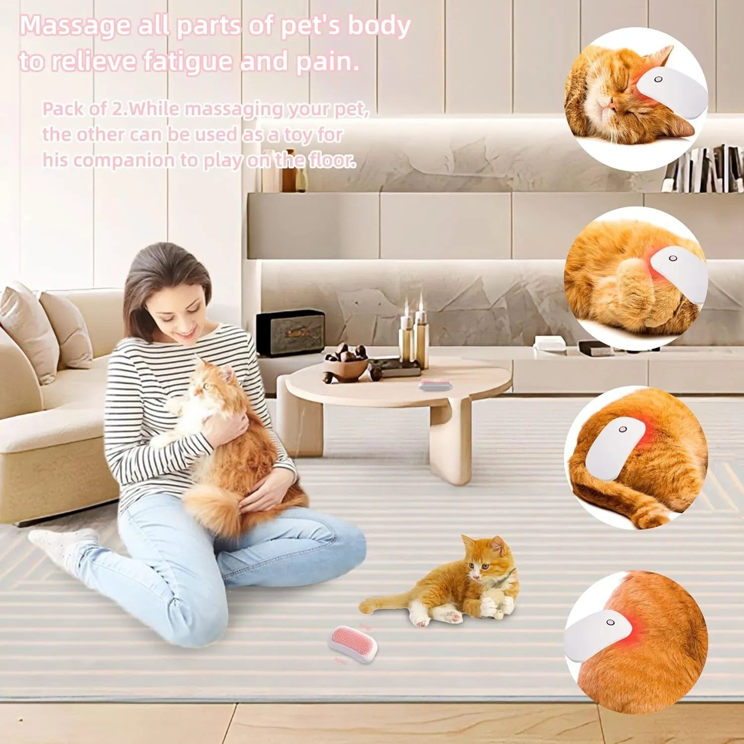 Pink handheld electric pet grooming massage brush with TPE teeth on a white background.