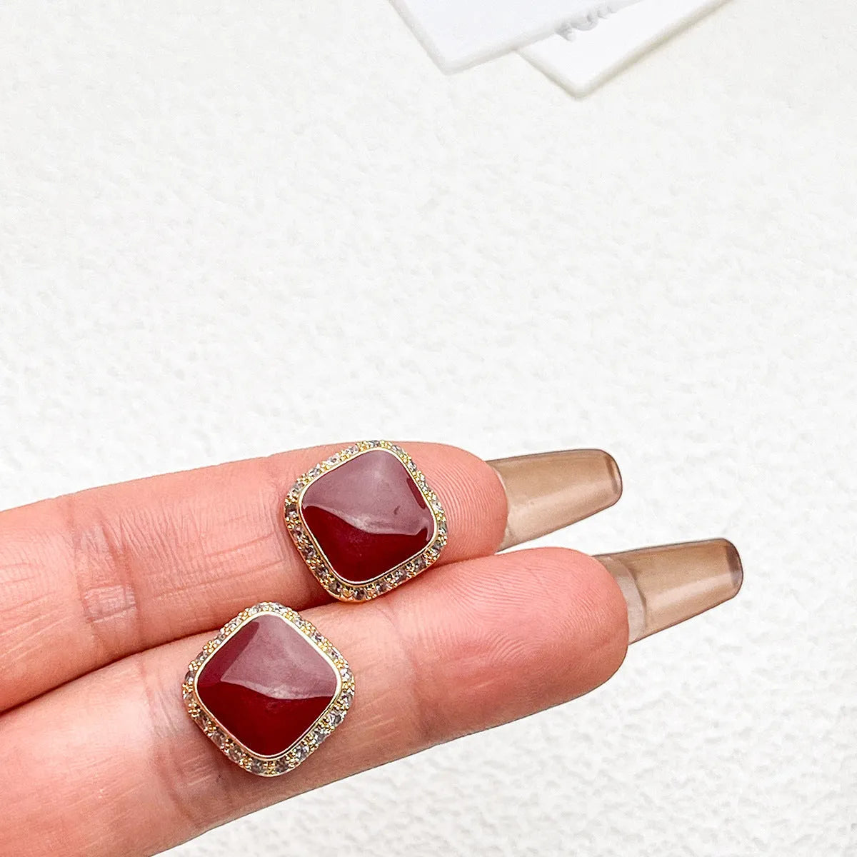 Red alloy square earrings with geometric inlaid design for women