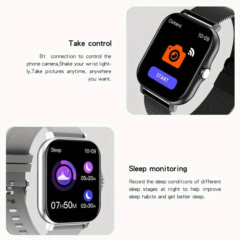 Smart watch with 1.44-inch colour touchscreen display on a silicone wrist strap.