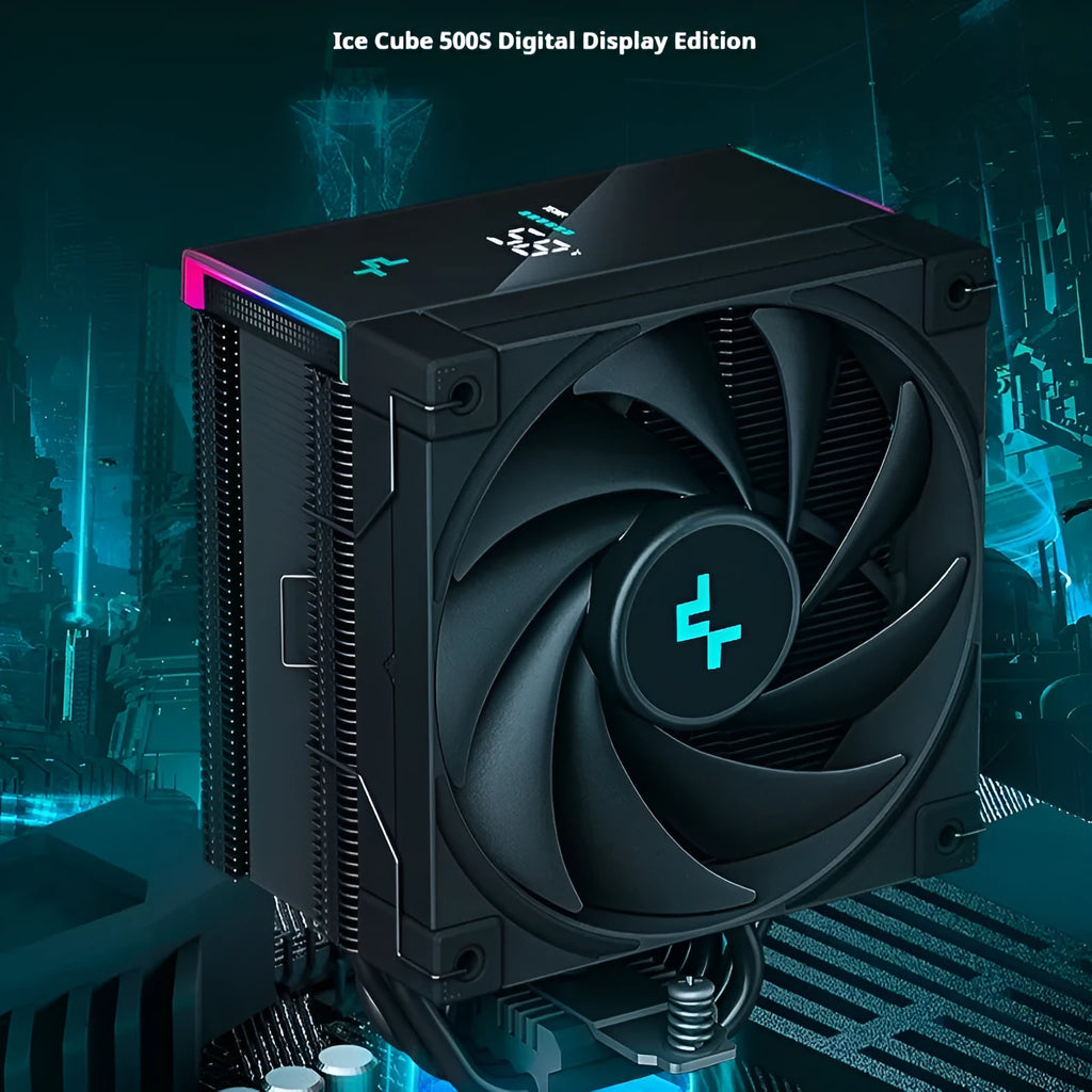 Deepcool Twin Tower CPU air cooler with digital temperature display showing black and white colour options