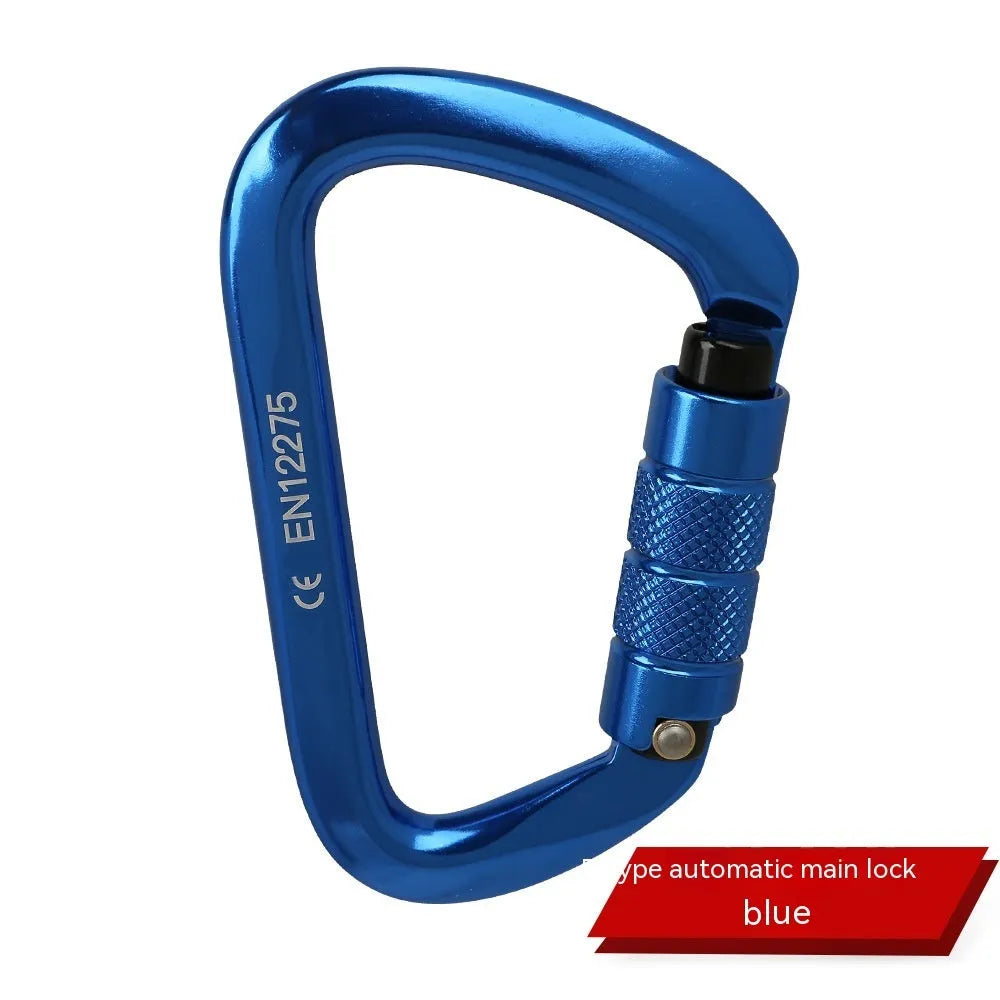 D-shaped climbing carabiner lock with automatic or threaded gate in colours: black, blue, orange, red, silver red.