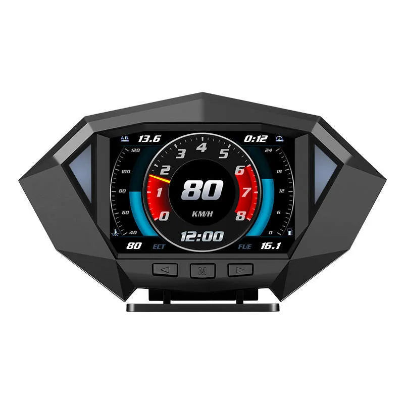 P1 black vehicle heads-up display unit with LCD screen, measuring 147mm wide