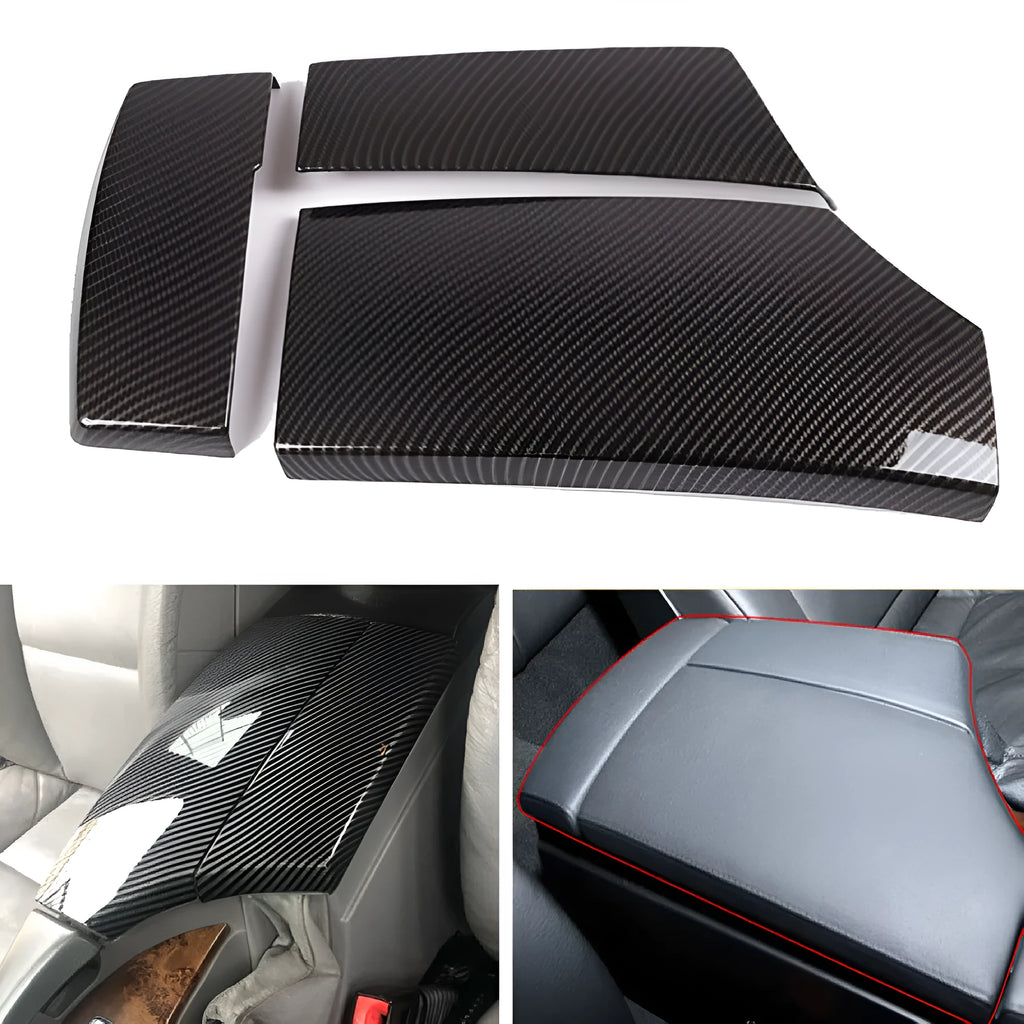 Three ABS armrest box protective covers with carbon fibre pattern and polished surface