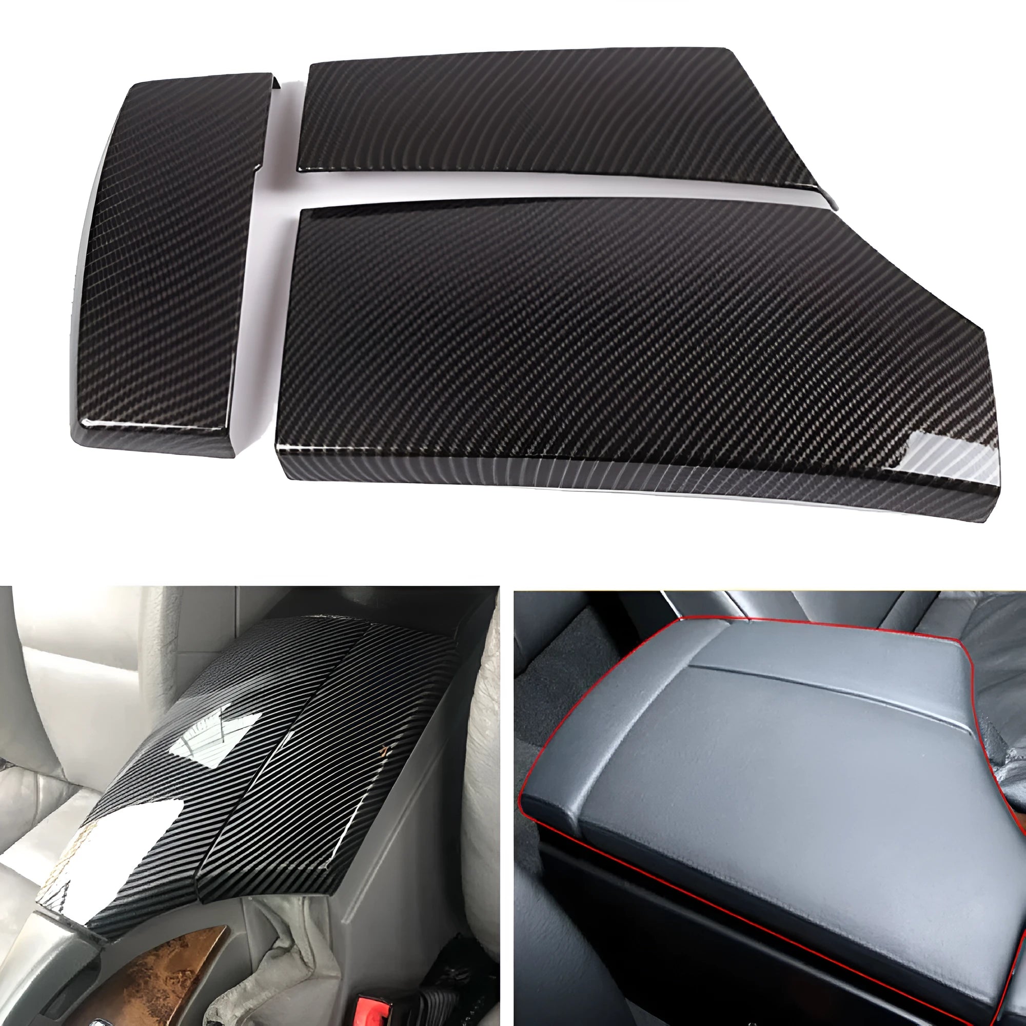 Three ABS armrest box protective covers with carbon fibre pattern and polished surface