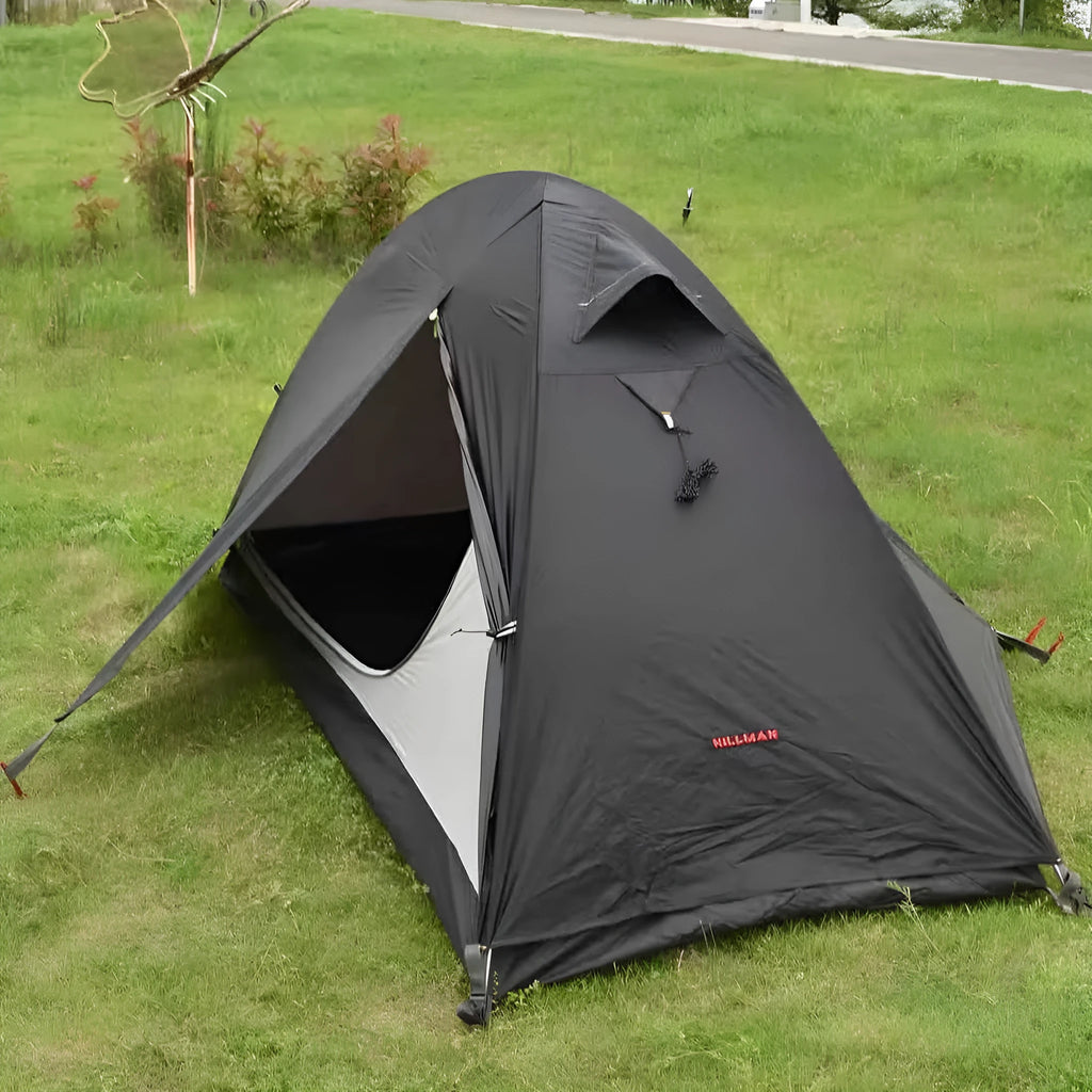 Single person double account hiking tent with aluminium poles shown in orange colour.