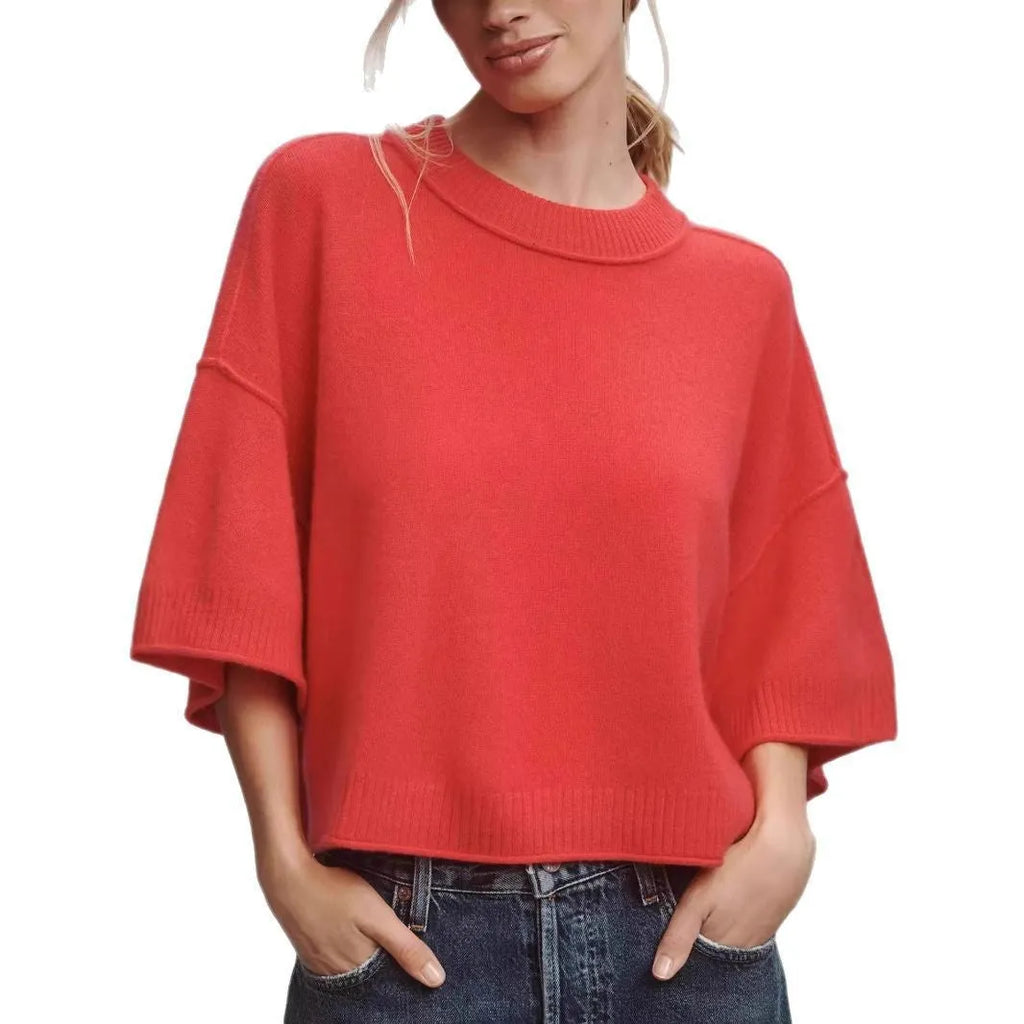 Women's red short T-shirt with exposed navel style made from viscose fibre.