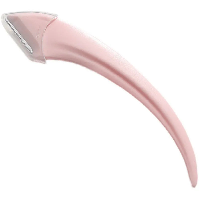 Close-up of a white and pink eyebrow trimming knife with a small comb attached on a plain background.