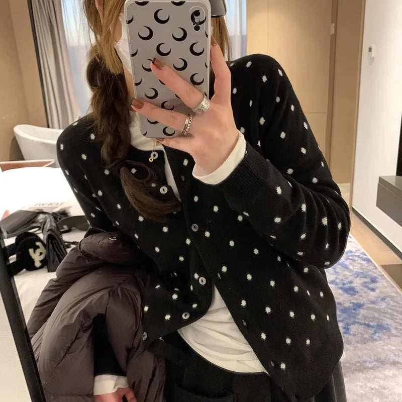 Women's Korean-inspired grey dot pattern knitted cardigan with crocheted flower details and long sleeves