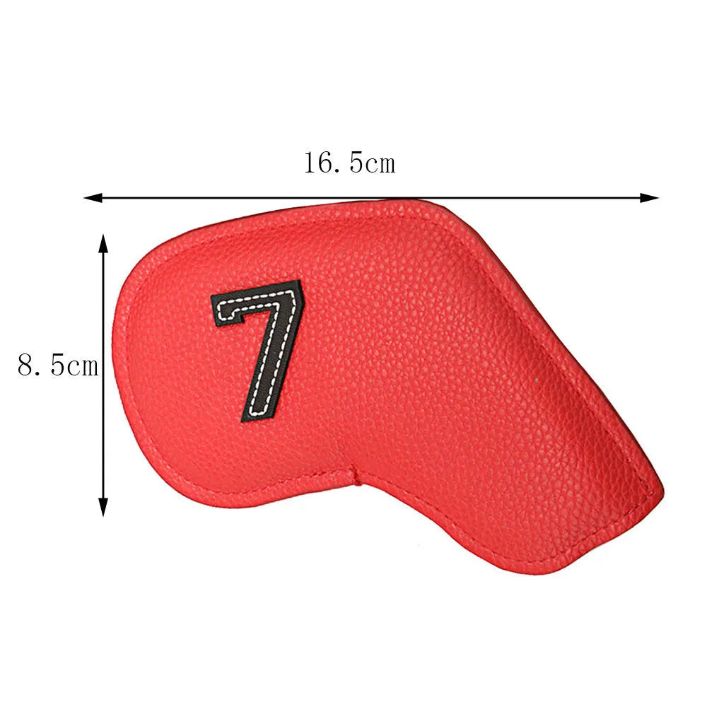 Set of 10 digitally printed PU golf club head covers in mixed colours.