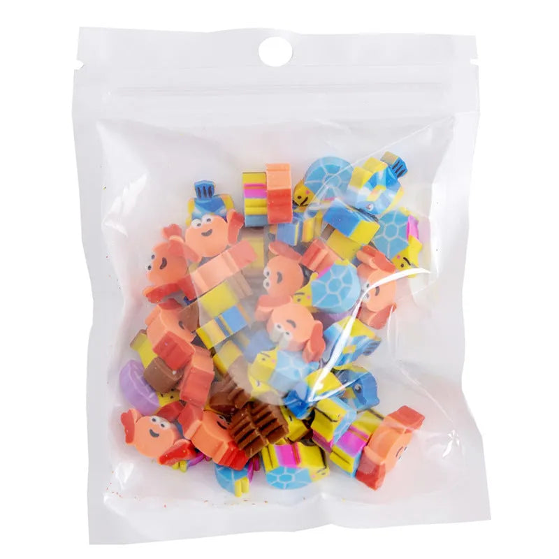 50 small colourful cartoon erasers in a pearlescent bag showing fruit, animal, cake, and Halloween themes.