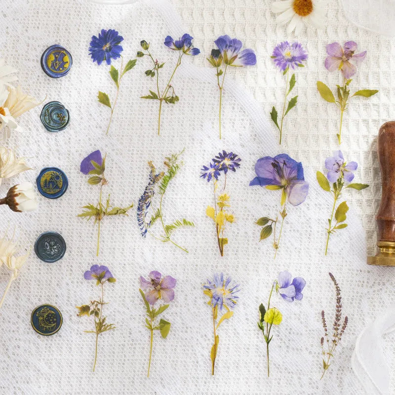 Creative dried flowers journal decoration sticker package showing eight colour variations on PET material